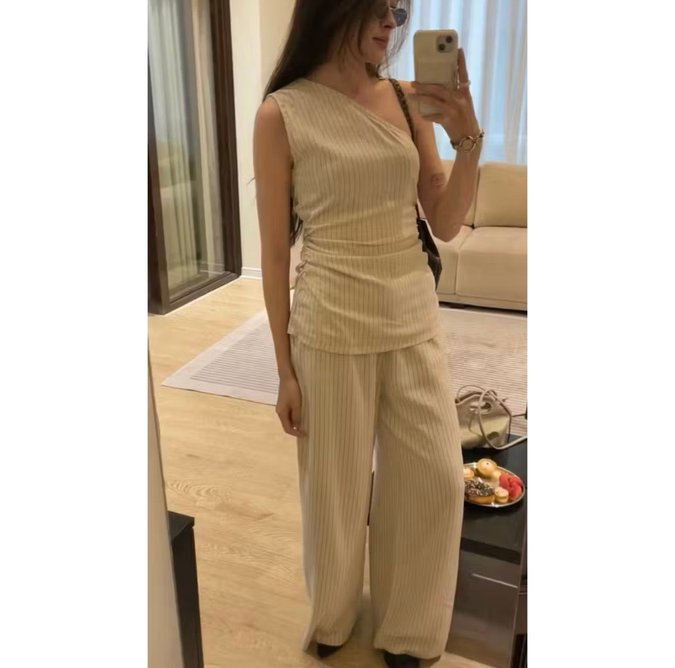 Audrey Linen Two-Piece Set – Striped Beige